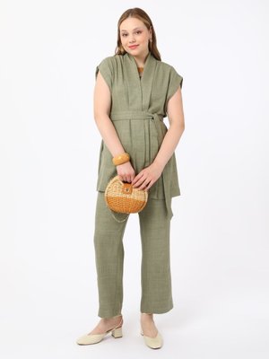 Haki Büyük Beden Yelekli Pantolonlu Takım