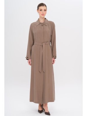 Gömlek Yaka Aksesuar Detaylı Astarsız Modal Büyük Beden Pardesü A.kahve