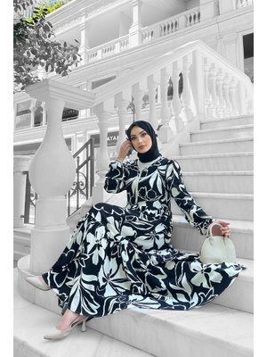 Siyah Yonca Desenli Elbise