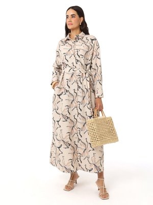 Desenli Keten Baskılı Elbise