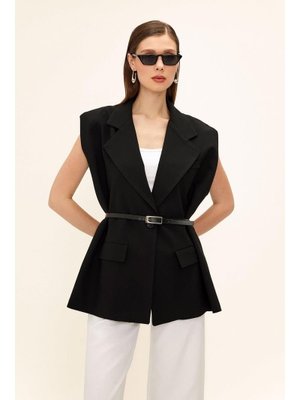 Siyah Kemer Detaylı Oversize Yelek Siyah Kemer Detaylı Oversize Yelek