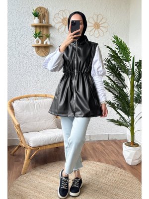 Siyah Fermuarlı Deri Yelek