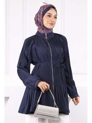 Lacivert Piliseli Fermuarlı Ceket