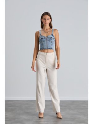 Krem Yüksek Bel Cepsiz Palazzo Pantolon