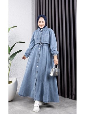 Belden Lastikli Cep Detaylı Kot Elbise