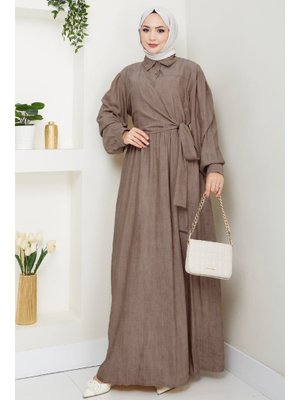 Çapraz Bağlamalı Kahverengi Elbise