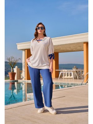 İndigo Büyük Beden V Yaka Kolu Garnili Bluz