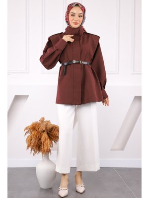 Mürdüm Omuz Apoletli Kemerli Trençkot Mürdüm Omuz Apoletli Kemerli Trençkot