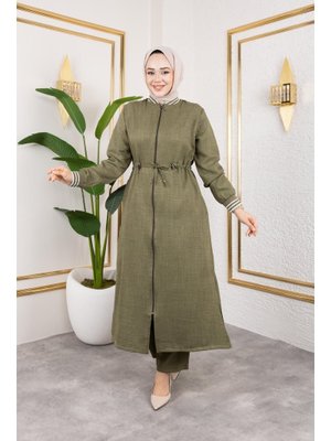 Haki Ribanalı Fermuarlı Keten İkili Takım