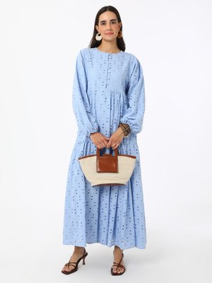 Brit Düğmeli Brode Kumaşlı Elbise Gok Mavi