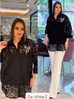 Siyah Büyük Beden Dantel İşleme Detaylı Abiye Gömlek