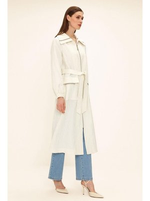 Ekru Fermuarlı Taş Zincir Detaylı Astarlı Simli Jakar Kap