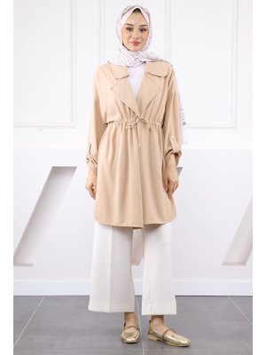 Bej Kruvaze Yaka Büzgülü Ceket