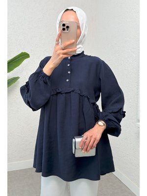 Lacivert Fırfırlı Balon Kol Tunik