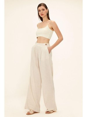 Bej Pile Ve Düğme Detaylı Salaş Pantolon