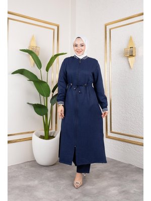 Ribanalı Fermuarlı Lacivert Keten İkili Takım