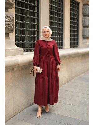 Bordo Bel Büzgülü Elbise Bordo Bel Büzgülü Elbise