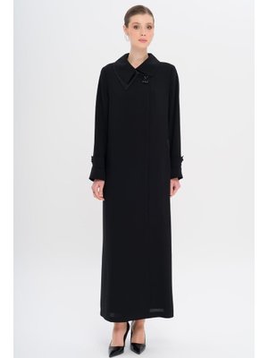 Siyah Mendil Yaka Düğmesi Taşlı Saten Detaylı Astarlı Büyük Beden Pardesü