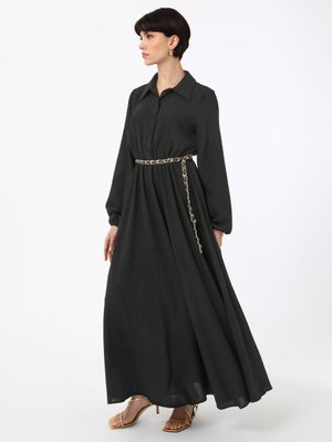 Siyah Düğme Detaylı Kuşaklı Elbise