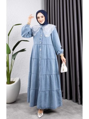Düğmeli Dantel Yaka Kot Elbise