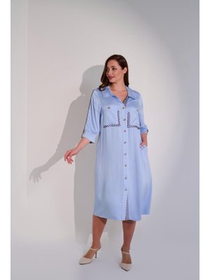 Büyük Beden Çift Cepli Gömlek Elbise Mavi