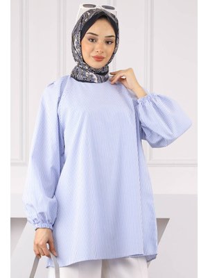 Lacivert Balon Kol Çizgili Tunik