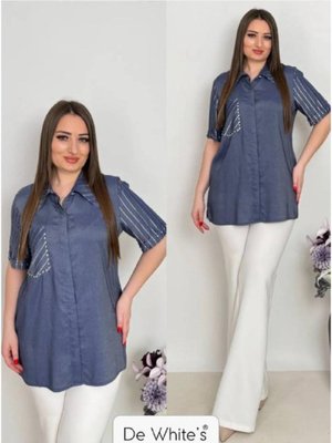 İndigo Büyük Beden Kol Ve Cep Kısmı Çakım Taş Detaylı Gömlek