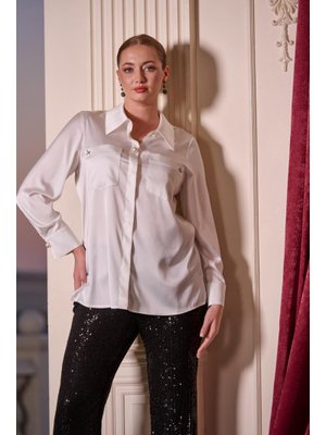 Kemik Büyük Beden Çift Cepli Pamuk Saten Aksesuar Detaylı Gömlek