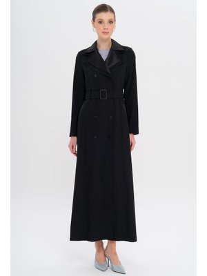 Siyah Saten Garnili Çift Yaka Astarlı Pardesü Siyah Saten Garnili Çift Yaka Astarlı Pardesü