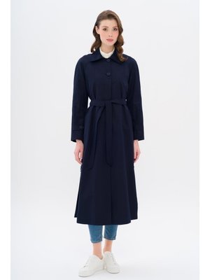 Lacivert Gömlek Yaka Yandan Yırtmaçlı Astarlı Su İtici Özellikli Uzun Trençkot