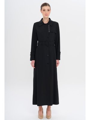 Siyah Gömlek Yaka Fermuar Ve Çıt Kapamalı Astarlı Pardesü