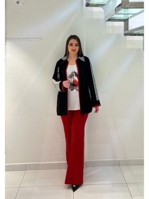 Kırmızı Büyük Beden Li Çizgili Ceket Ve Pantolonlu Takım