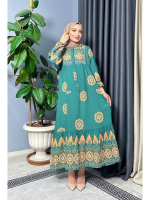 Yeşil Yüsra Desenli Elbise