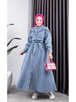 Düğmeli Kuşaklı Kot Elbise