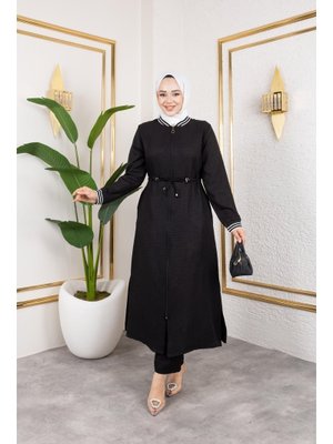 Siyah Ribanalı Fermuarlı Keten İkili Takım