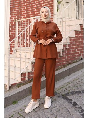 Kahverengi Ribana Detaylı Takım