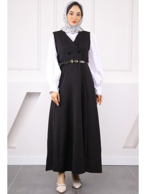 Siyah Önü Düğmeli Kemerli Jile Elbise Siyah Önü Düğmeli Kemerli Jile Elbise