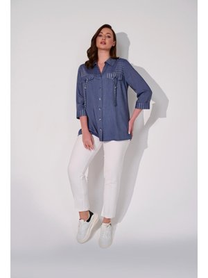 İndigo Büyük Beden Cep Ve Kollar Detaylı Bluz