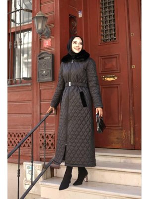 Fermuarlı Yan Cepli Kemerli Kopitone Şişme Mont