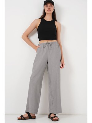 Gri Geniş Paça Keten Pantolon Gri Geniş Paça Keten Pantolon