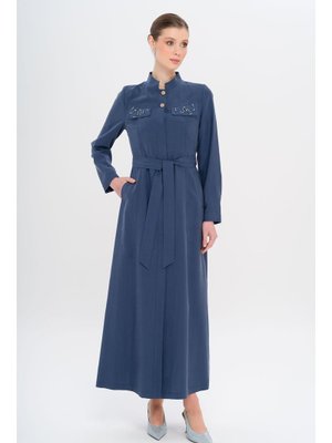 İndigo Hakim Yaka Boncuk Ve İşleme Detaylı Astarsız Modal Pardesü