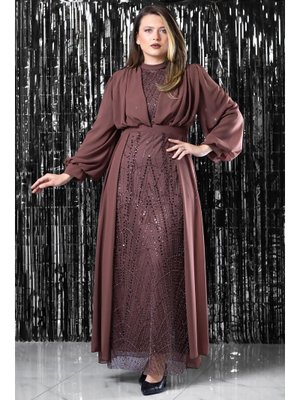 İşleme Detaylı Şifon Abiye Elbise Gül Kurusu Kahverengi