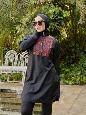 Siyah Etnik Desenli Mayo