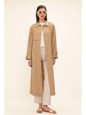 Bej Kontrast Dikiş Detaylı Astarsız Modal Trençkot