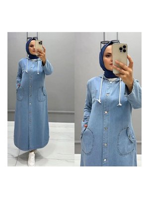 Kapüşonlu Düğmeli Denim Kot Kap Kapüşonlu Düğmeli Denim Kot Kap
