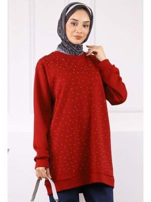 Bordo Bisiklet Yaka Taşlı Modal Tunik Bordo Bisiklet Yaka Taşlı Modal Tunik