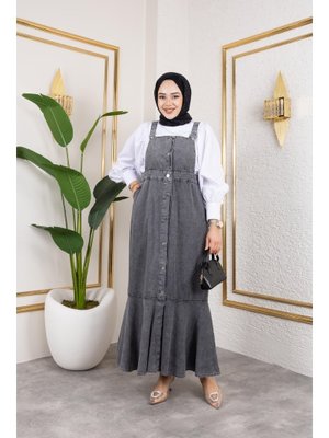 Askılı Eteği Fırfırlı Kot Salopet