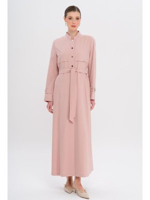 Pudra Hakim Yaka Zincir Aksesuarlı Astarlı Pardesü