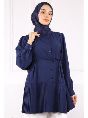 Lacivert Eteği Piliseli Bel Kuşaklı Tunik