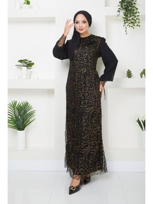 Gold Giyim Moda File Pullu Güllü Abiye Elbise Siyah